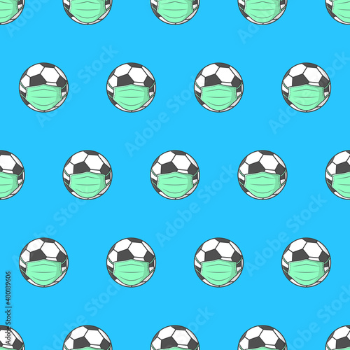 Soccer Ball In Medical Face Mask Seamless Pattern On A Blue Background. Football Theme Vector Illustration