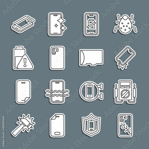 Set line Mobile with broken screen, Multimeter, Shockproof phone, Smartphone battery charge, Glass protector and Micro SD memory card icon. Vector