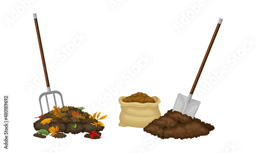 Organic fertilizers for gardening, farming and agriculture industry set. Humus and manure piles vector illustration