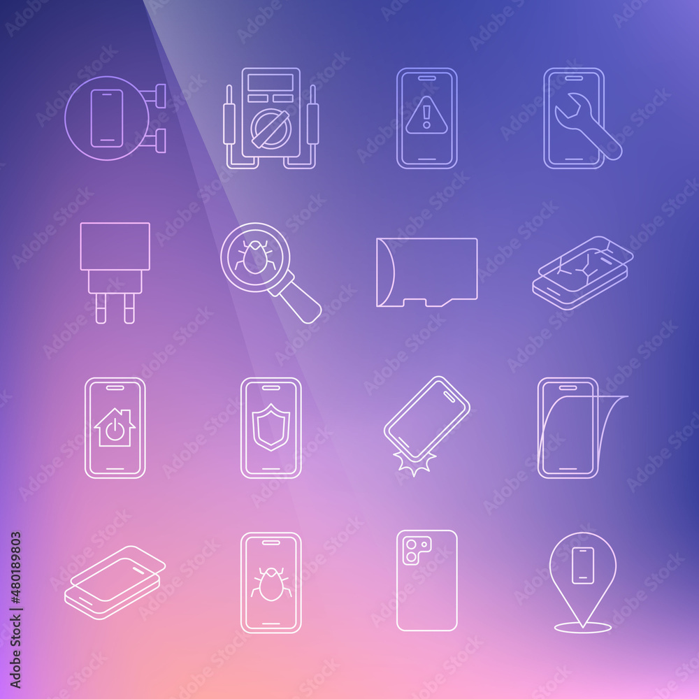 Set line Phone repair service, Glass screen protector, Mobile with broken, exclamation mark, System bug, Charger, and Micro SD memory card icon. Vector Set line Phone repair service, Glass screen protector, Mobile with broken, exclamation mark, System bug, Charger, and Micro SD memory card icon. Vector