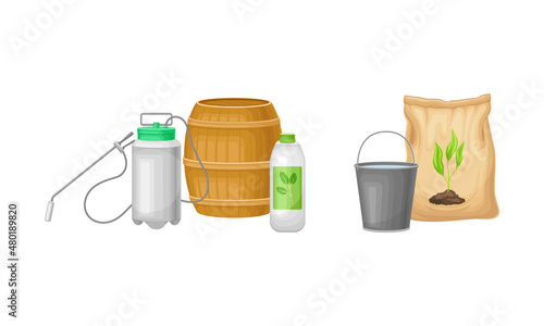 Organic fertilizers for gardening, farming and agriculture industry set vector illustration
