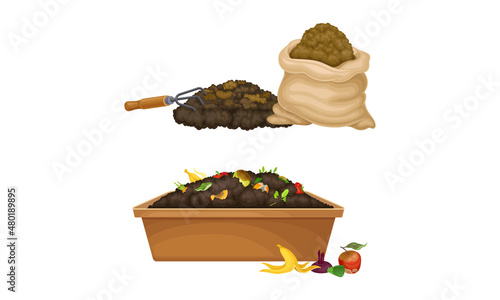 Organic fertilizers for gardening, farming and agriculture industry set. Compost box with bio recycling garbage and humus vector illustration
