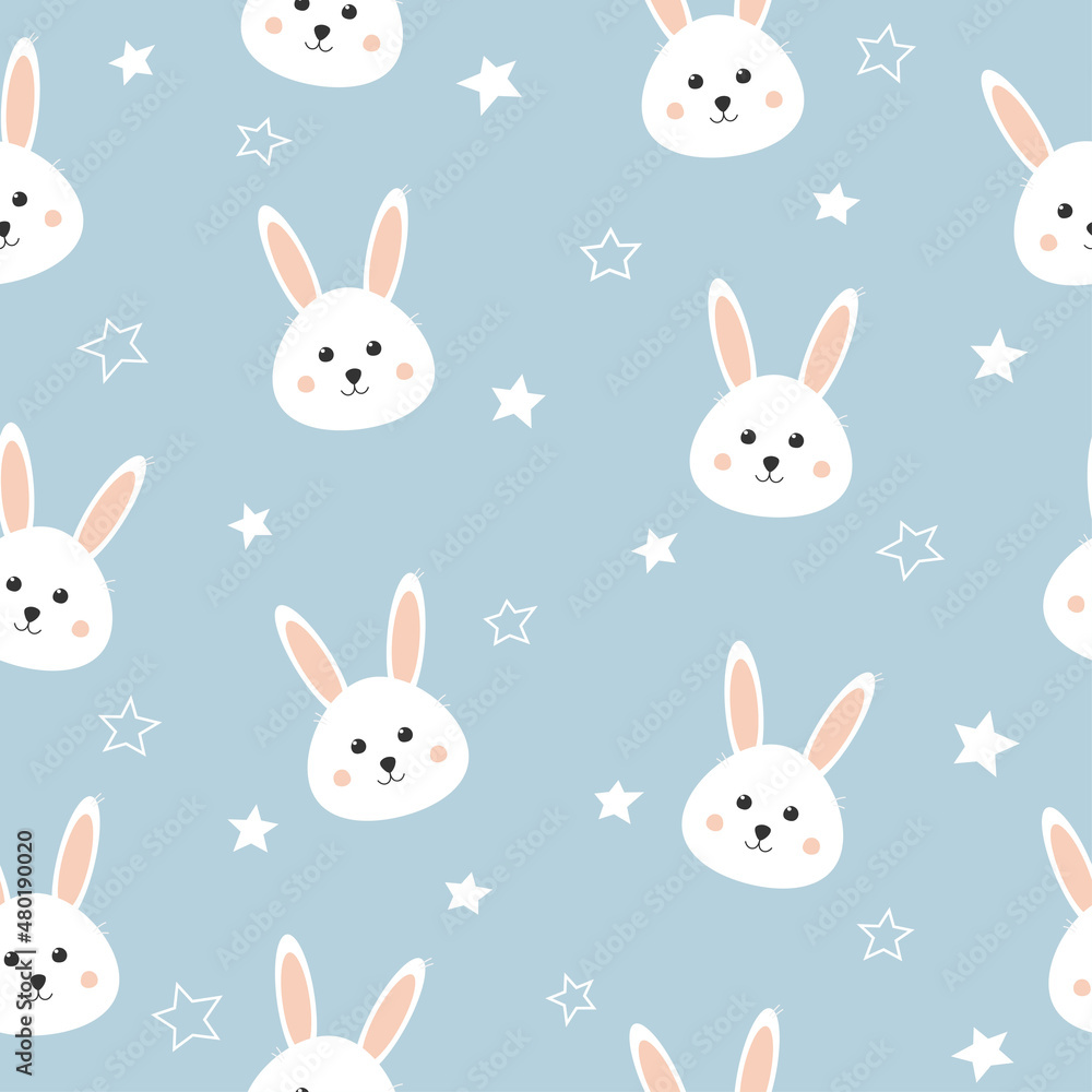 Seamless pattern with cute bunny and stars. Lovely rabbit on blue background. Background for baby shower, wall art, fabric, textile and invitation. Seamless pattern with cute bunny and stars. Lovely rabbit on blue background. Background for baby shower, wall art, fabric, textile and invitation.