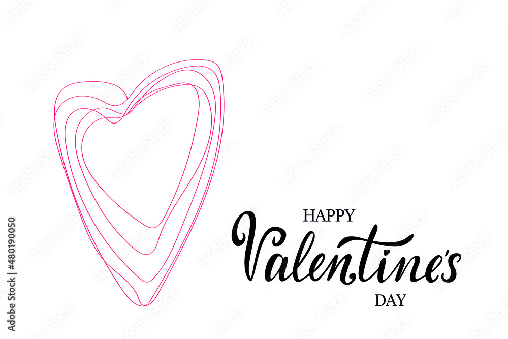 One line heart. Abstract symbol of love. Valentines Day lettering text. Continuous line art drawing vector illustration.
