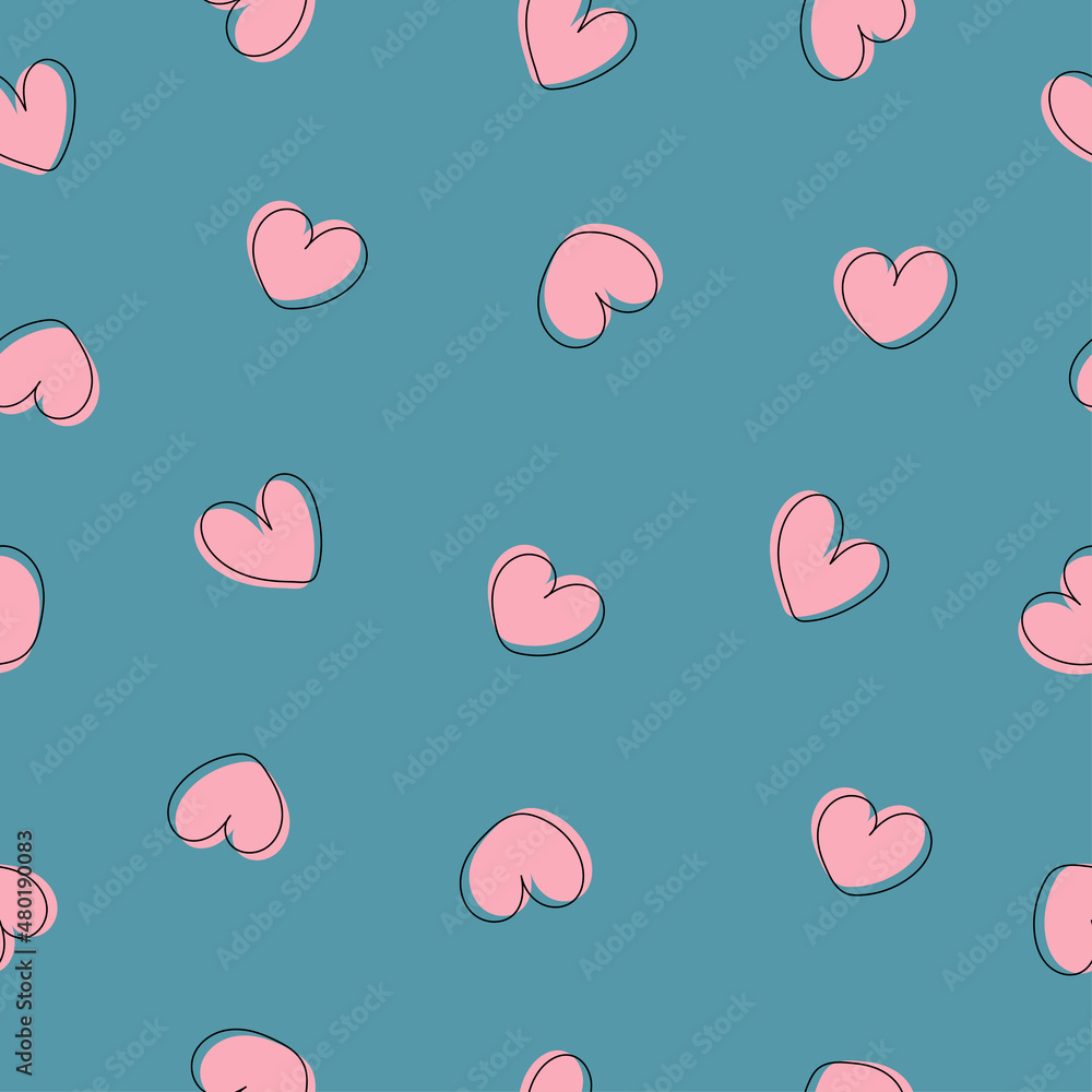 Seamless pattern with hand drawn hearts on blue background. Line art doodle style. Valentine's, Mother's day, birthday card, wallpaper or wrapping paper design.