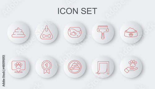 Set line Hands with animals footprint, Location veterinary hospital, Aquarium fish, Door for pet, Shit, Dog collar, award symbol and No shit icon. Vector