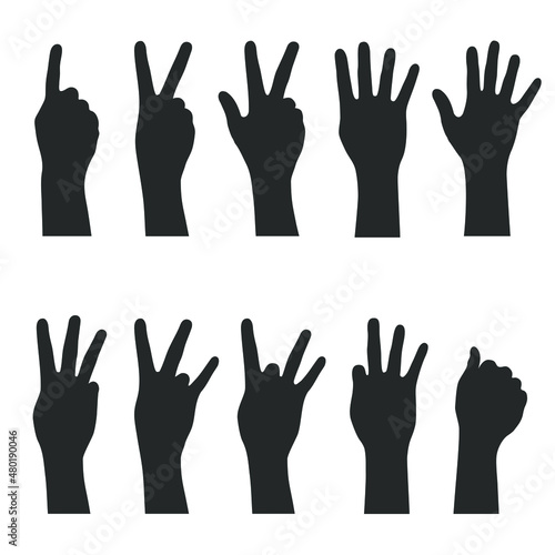 Hand gesture symbols set. Counting by bending fingers. Hands icons with finger count. Signs human hands. Silhouettes hands. Vector illustration