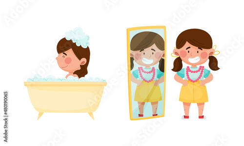 Cute girl daily routine activities set. Child bathing in bathtub and getting dressed cartoon vector illustration