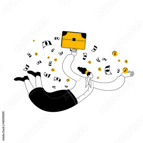 A girl in business clothes with a briefcase is flying among the money. Vector two-color illustration on the topic of business success and financial well-being.