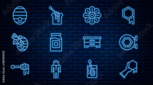 Set line Honeycomb and hand, Hanging sign with honeycomb, Flower, Jar of, Hive for bees, and dipper stick icon. Vector
