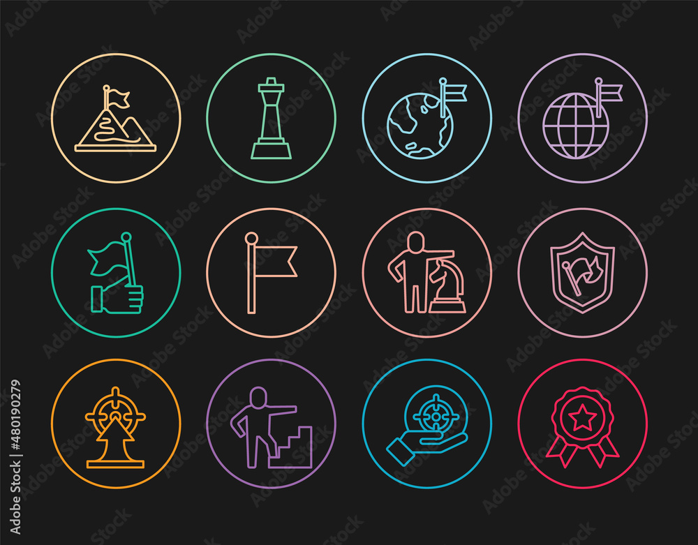 Set line Medal, Shield with flag, Planet, Flag, Hand holding, Mountains, Chess and icon. Vector Set line Medal, Shield with flag, Planet, Flag, Hand holding, Mountains, Chess and icon. Vector