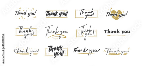 Thank you card. Beautiful greeting card with calligraphy text with gold decoration. Hand drawn invitation. Thanks message.