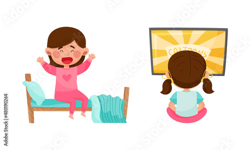 Cute girl daily routine activities set. Cute waking up at morning and watching TV cartoon vector illustration