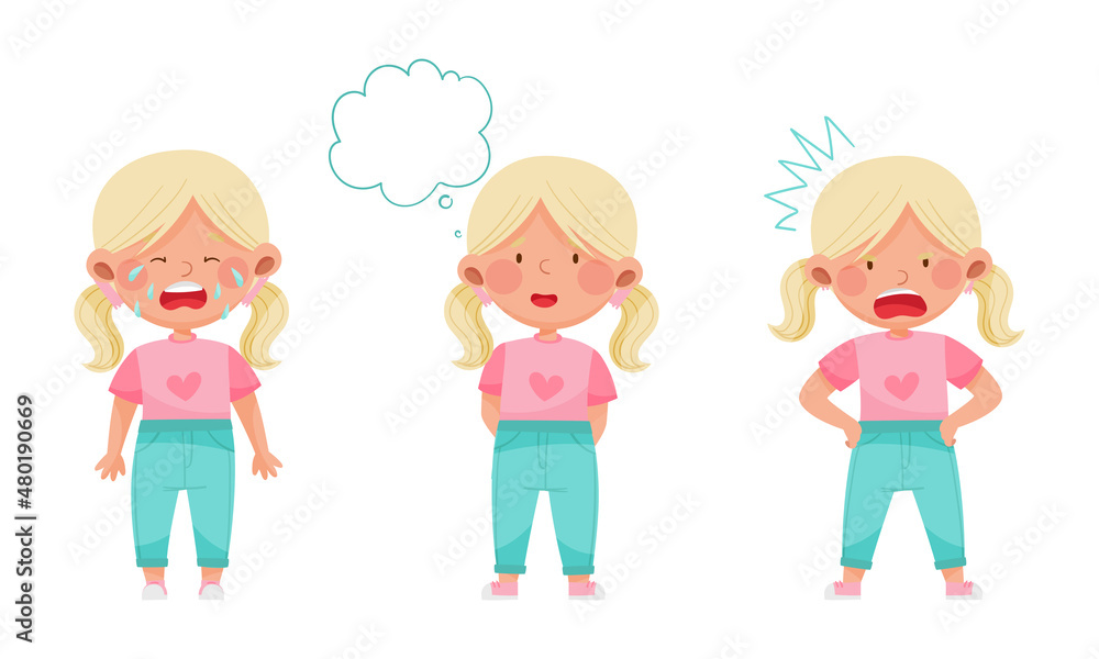 Adorable blonde girl showing different emotions set. Cute kid with unhappy, puzzled and angry face expression cartoon vector illustration Adorable blonde girl showing different emotions set. Cute kid with unhappy, puzzled and angry face expression cartoon vector illustration