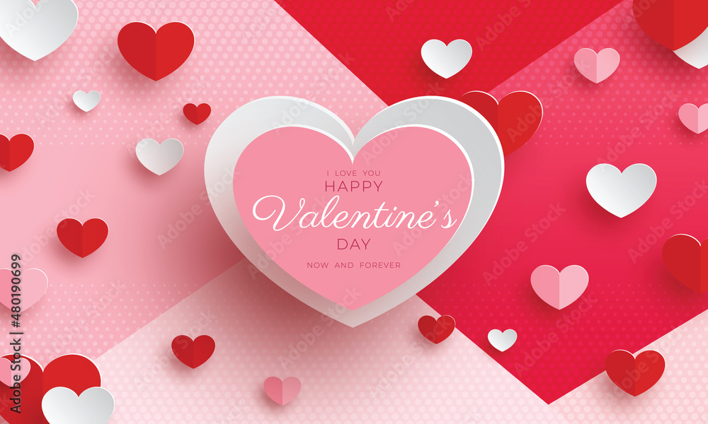 Valentine's day in paper style with heart shapes with hearts and words i love you now and forever vector illustration wallpapers, flyers, invitations, posters, brochures, banners