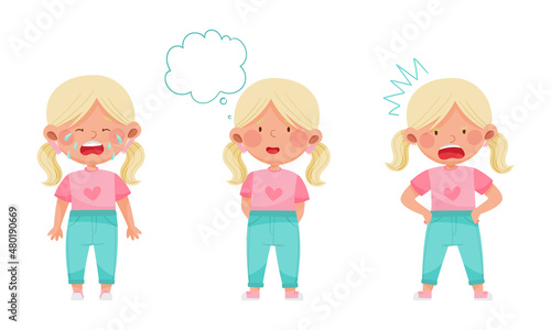 Adorable blonde girl showing different emotions set. Cute kid with unhappy, puzzled and angry face expression cartoon vector illustration