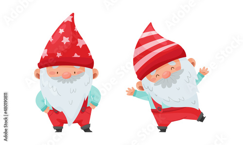 Set of Christmas gnomes. Cute funny cheerful bearded gnome character in red cap cartoon vector illustration