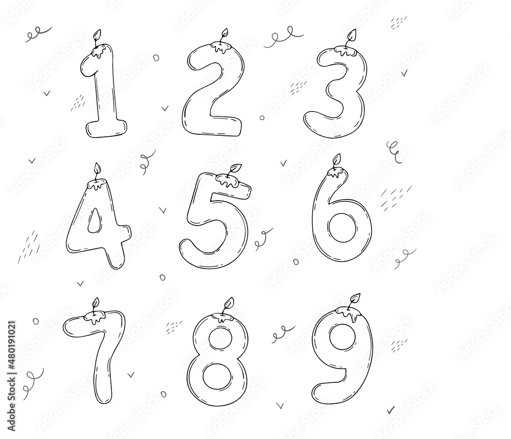 Fototapeta premium Doodle candles form figures in the style of linear art on a white background. Party decoration. Birthday. Holiday. Vector