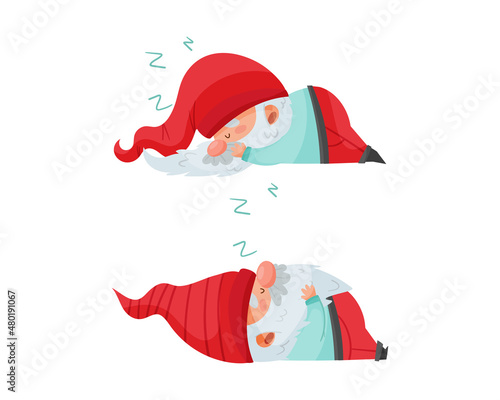 Set of Christmas gnomes. Cute bearded gnome in red cap sleeping cartoon vector illustration
