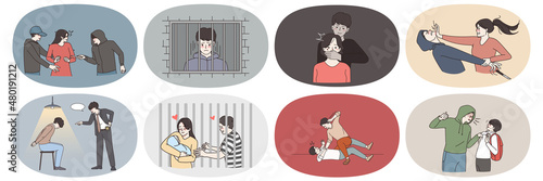 Set of criminal threaten victim show violence and abusive behavior. Convicted thief or bandit arrested for misdemeanor or crime, sit in jail or prison. Law and order. Flat vector illustration. 
