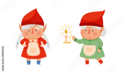 Cute scandinavian girl gnomes in red caps cartoon vector illustration