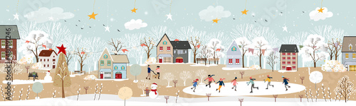 Winter landscape in village at night in countryside background,Vector horizontal banner winter wonderland with house on hills and forest pine tree,Backdrop for Celebrating Christmas and New Year 2023