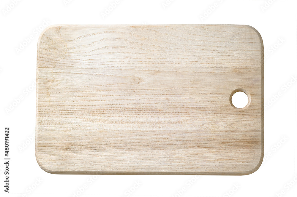 Wood beige cutting board isolated on white background. Handmade natural material cooking equipment. Top View Wood beige cutting board isolated on white background. Handmade natural material cooking equipment. Top View