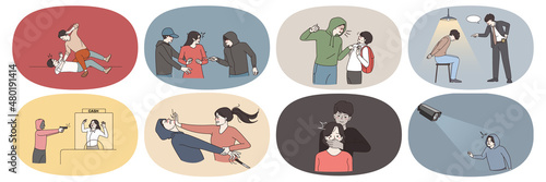 Set of criminal threaten victim, show violent behavior, beat and abuse victim. Collection of bandit or thief in police department investigation by officer. Detention and arrest. Vector illustration. 