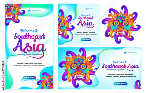Set of world travel banner template visit asia with traditional culture mask and puppet illustration