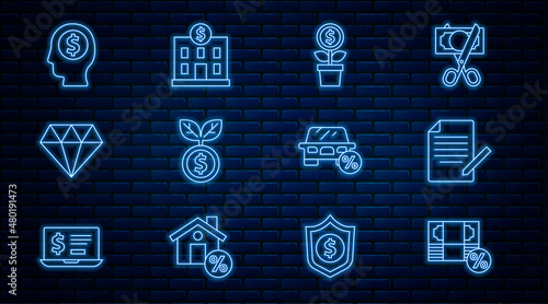 Set line Money percent, Document and pen, Dollar plant, Diamond, Business man planning mind, Car leasing and Bank building icon. Vector
