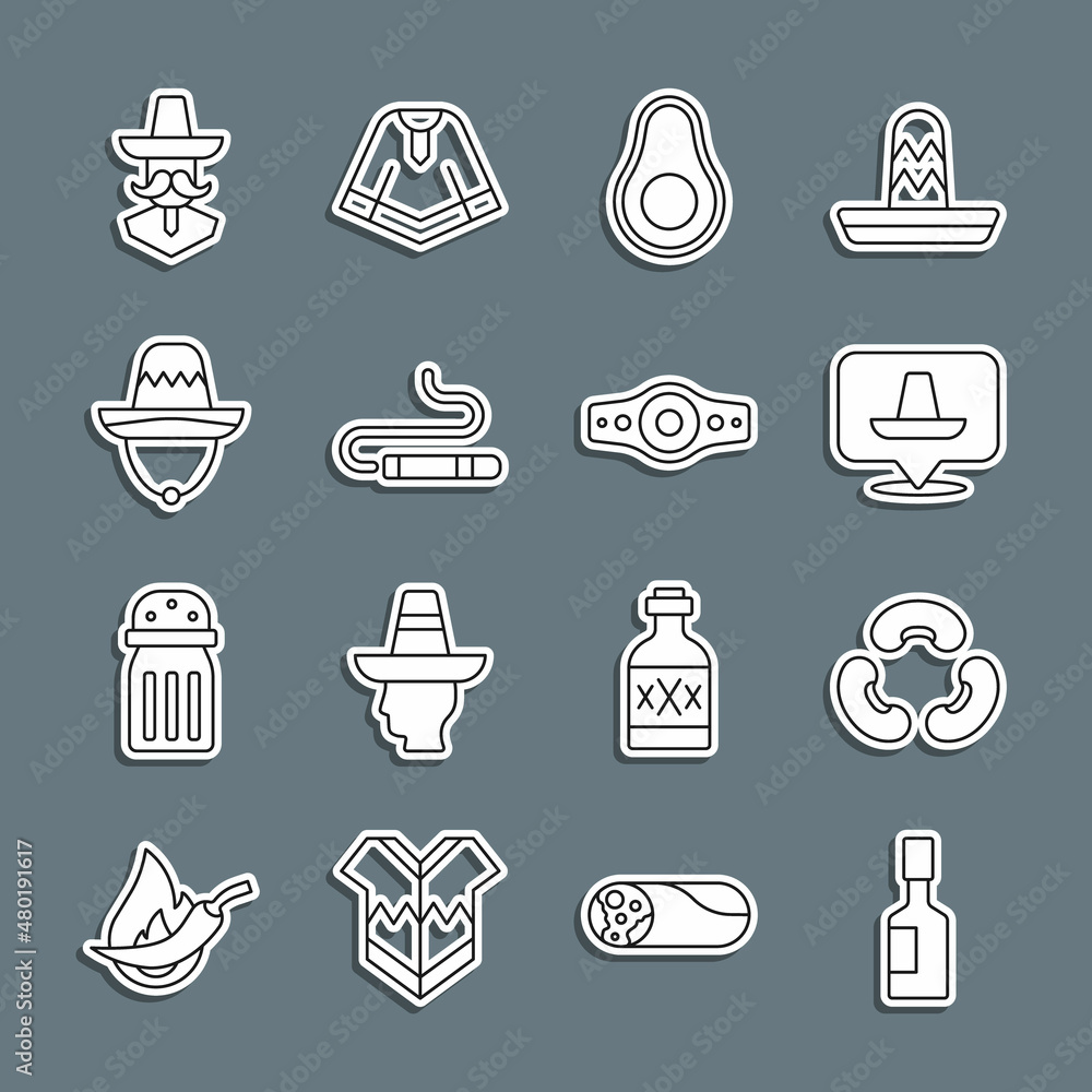 Set line Tabasco sauce, Beans, Mexican sombrero, Avocado fruit, Cigar, man and Wrestling championship belt icon. Vector Set line Tabasco sauce, Beans, Mexican sombrero, Avocado fruit, Cigar, man and Wrestling championship belt icon. Vector