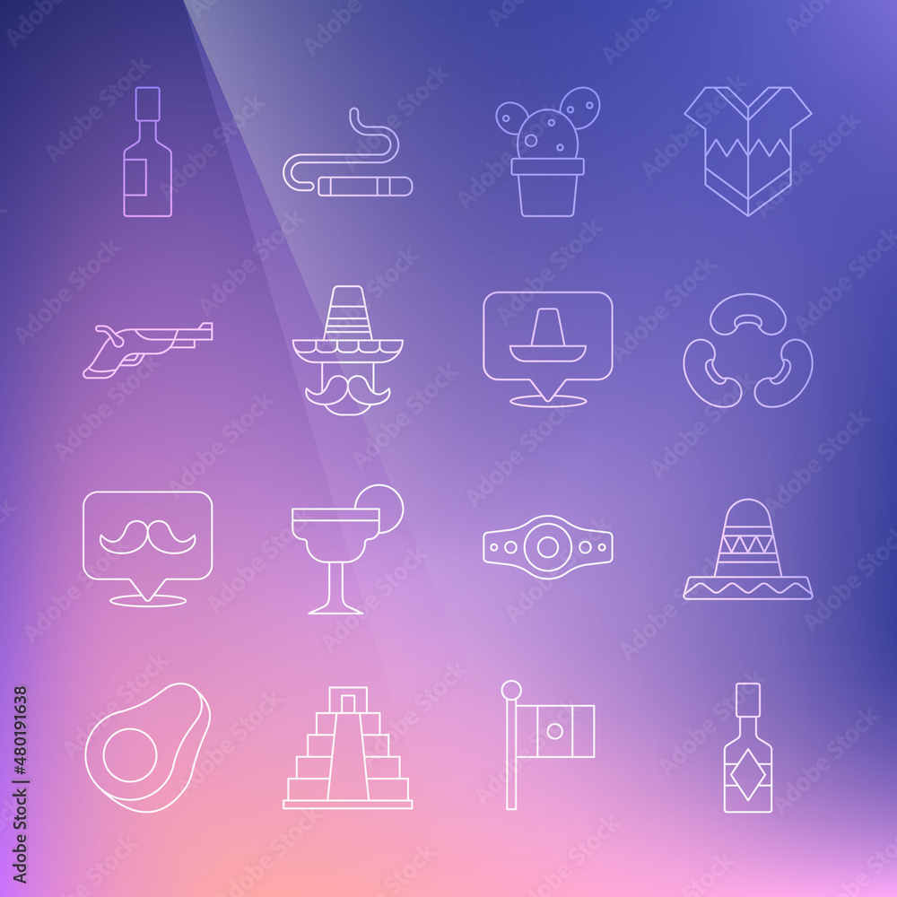 Set line Tabasco sauce, Mexican sombrero, Beans, Cactus or succulent in pot, man, Vintage pistols, and icon. Vector Set line Tabasco sauce, Mexican sombrero, Beans, Cactus or succulent in pot, man, Vintage pistols, and icon. Vector