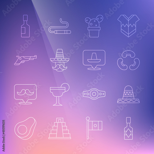Set line Tabasco sauce, Mexican sombrero, Beans, Cactus or succulent in pot, man, Vintage pistols, and icon. Vector