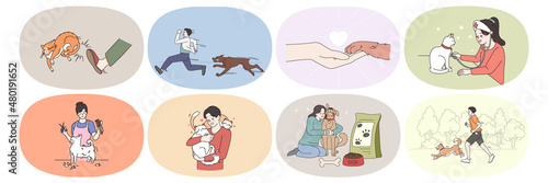 Set of diverse people with cats and dogs enjoy life with domestic animals. Collection of men and women take care of pets. Grooming and vet service concept. Flat vector illustration. 