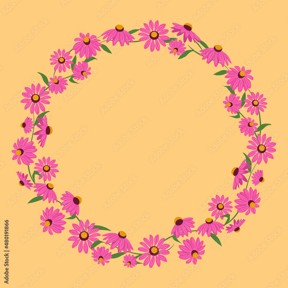 Round frame with herbs and echinacea flowers. Floral botanical background. Template for greeting card, invitation or wedding postcard. Vector illustration in flat style