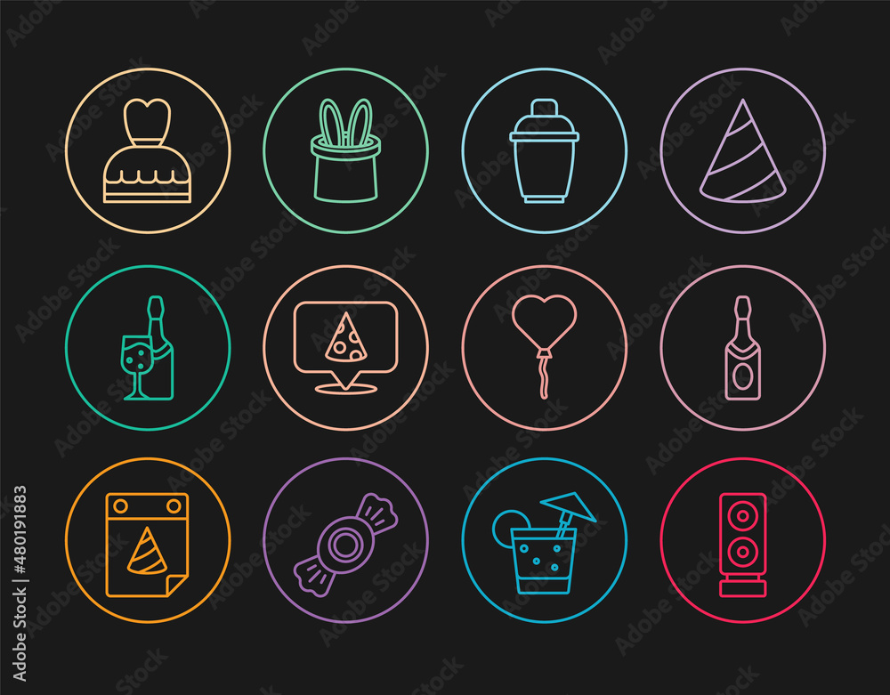 Set line Stereo speaker, Champagne bottle, Cocktail shaker, Slice of pizza, Woman dress, Balloons in form heart and Magician hat and rabbit ears icon. Vector Set line Stereo speaker, Champagne bottle, Cocktail shaker, Slice of pizza, Woman dress, Balloons in form heart and Magician hat and rabbit ears icon. Vector