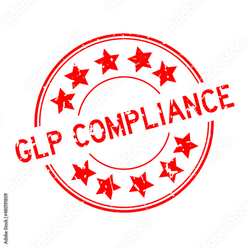 Grunge red GLP (Abbreviation of Good laboratory practice) compliance word with star icon round rubber seal stamp on white background