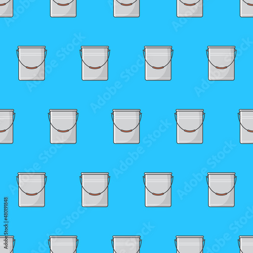 Metal Bucket Seamless Pattern On A Blue Background. Bucket Container Theme Vector Illustration