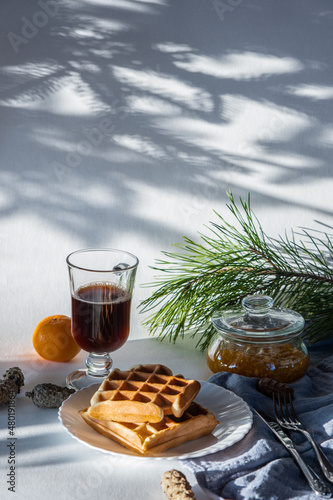 winter good breakfast in the morning Viennese waffles coffee cappuccino