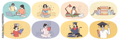 Set of diverse students learn with textbooks, engaged in online training on computer. Collection of young people study with books prepare for exam. Education concept. Flat vector illustration. 