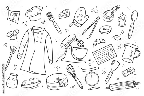 Set of kitchen tools for cooking cakes, desserts, pastries. Vector illustration in hand drawn doodle style for design menu, recipe book, pastry shop decoration.