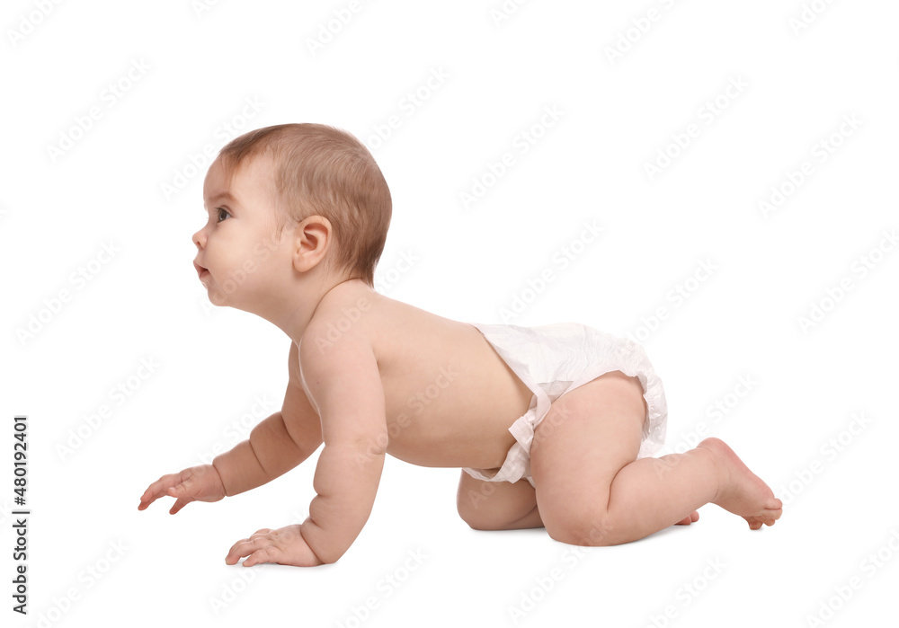 Cute little baby in diaper crawling on white background Cute little baby in diaper crawling on white background
