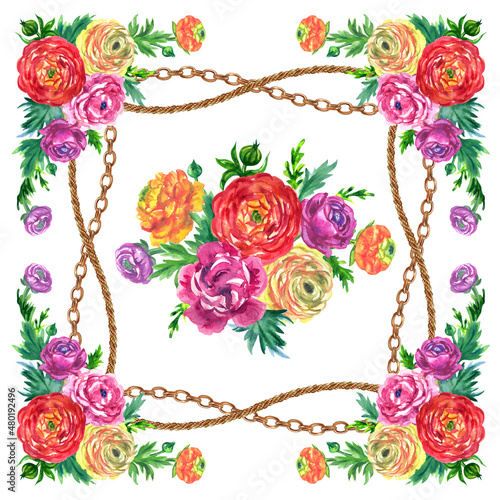 Floral pattern with chains for a scarf or other designs, watercolor illustration, print on a white background, isolated.