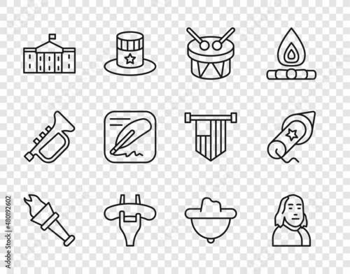 Set line Torch flame, Benjamin Franklin, Drum and drum sticks, Sausage on the fork, United States Capitol Congress, Declaration of independence, Western cowboy hat and Firework icon. Vector
