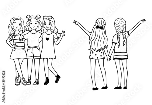 Set of best friends hugging. Collection of young girls having good time together. Happy friendship day. Vector illustration of female strong friendships.