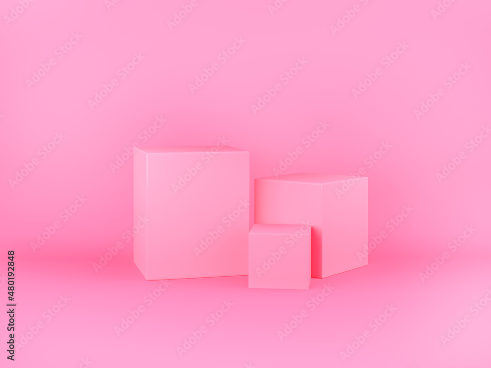 Studio shooting set up of pink background and cube pedestals of various dimensions. 3D illustration and rendering concept backdrop for product mockups. Studio shooting set up of pink background and cube pedestals of various dimensions. 3D illustration and rendering concept backdrop for product mockups.