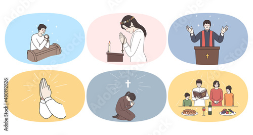Set of religious people pray to God feel superstitious believe in high powers. Collection of men and women prayers or believers show faith. Religion and superstition concept. Vector illustration. 