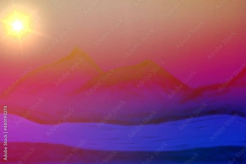 Mountain sunset scenery over the river, sunlight shines bright illustration.