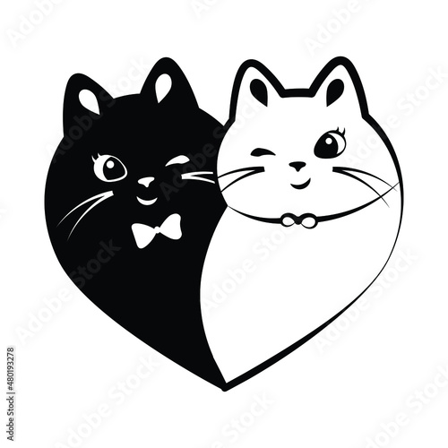 Illustration of cat hearts. Cartoon cute Valentines day couple cats. Symbol love. Veterinary logo. Design element for valentine card. Tattoo. Pet lover.