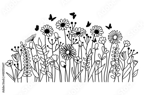 Illustration of  field flowers. Silhouettes of summer plants with butterflies. Floral glade with grass and plants. Vinyl sticker on the wall.